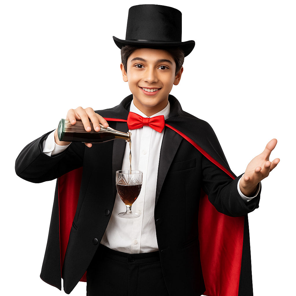 Magician performing the anti-gravity glass illusion with liquid pouring into a floating glass