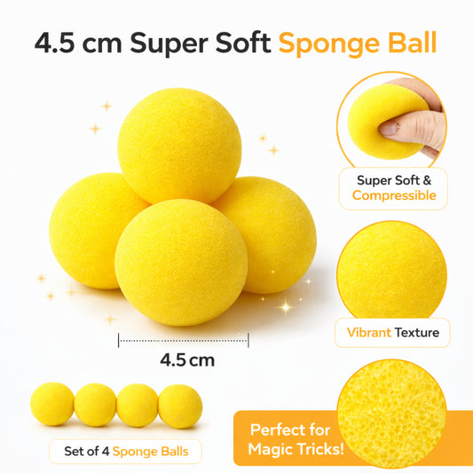 Magician showing a yellow sponge ball multiplying in a spectator's hand.