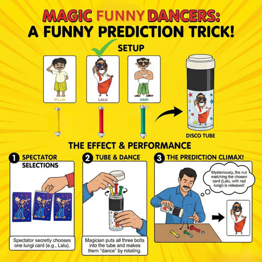 Three colored screws (Red, Yellow, Green) with nuts for color prediction magic.