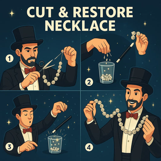 Magician cutting the thread of the cut and restore necklace with scissors.