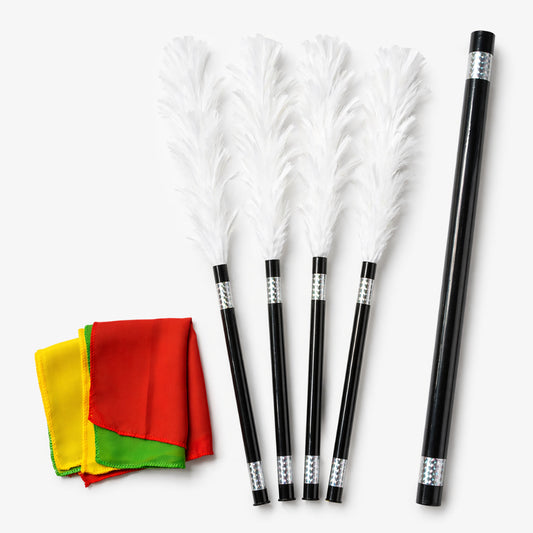 Set of four feather dusters and tube for stage color transformation magic.
