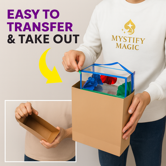 Magician removing colorful magic box from Dream Bag during live performance