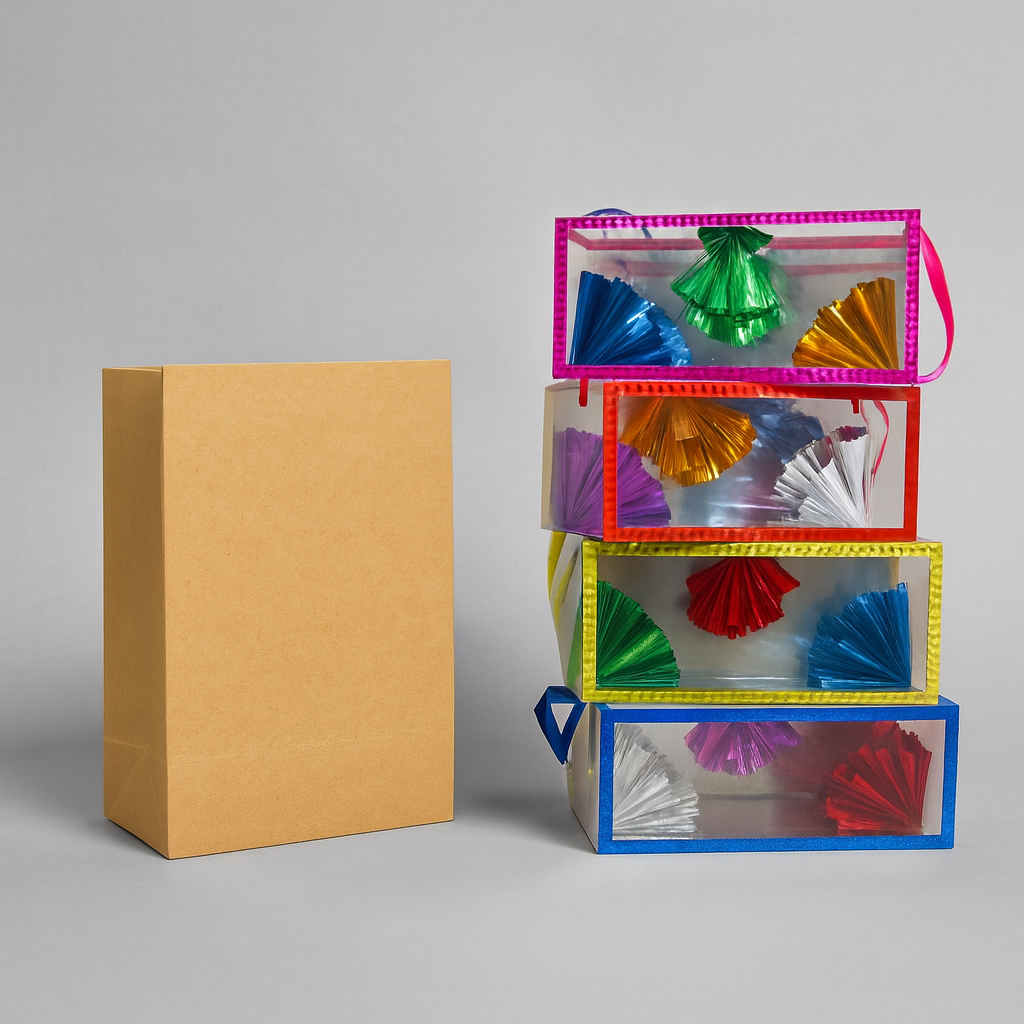 Dream Bag Magic Trick showing empty bag and 4 colorful production boxes
