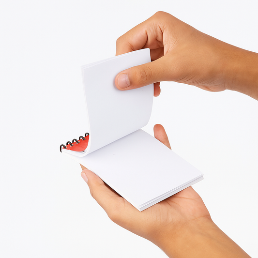 Magician flipping pages of Svengali magic notepad to reveal mentalism trick functionality