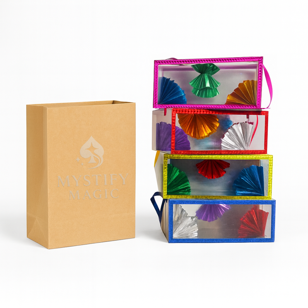 Stage magic prop that transforms empty bag into 4 production boxes for magicians