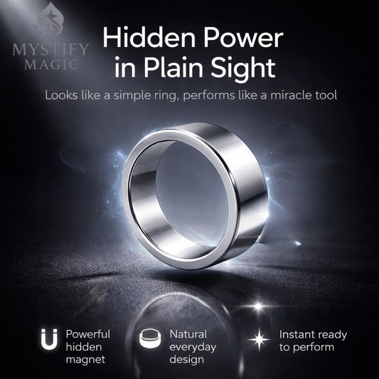 Silver PK Ring for moving metal objects and coin magic tricks.