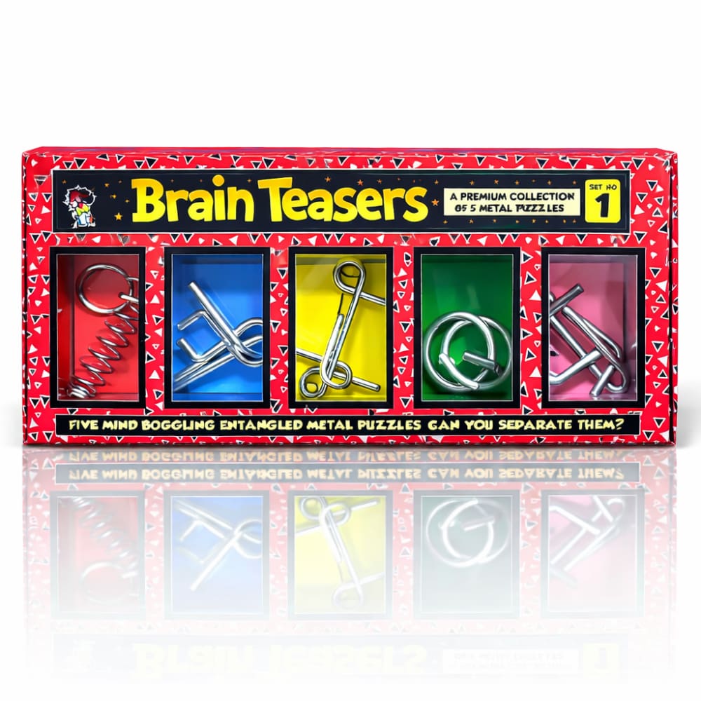 Set of 5 Mystify Magic metal brain teaser wire puzzles in chrome finish.