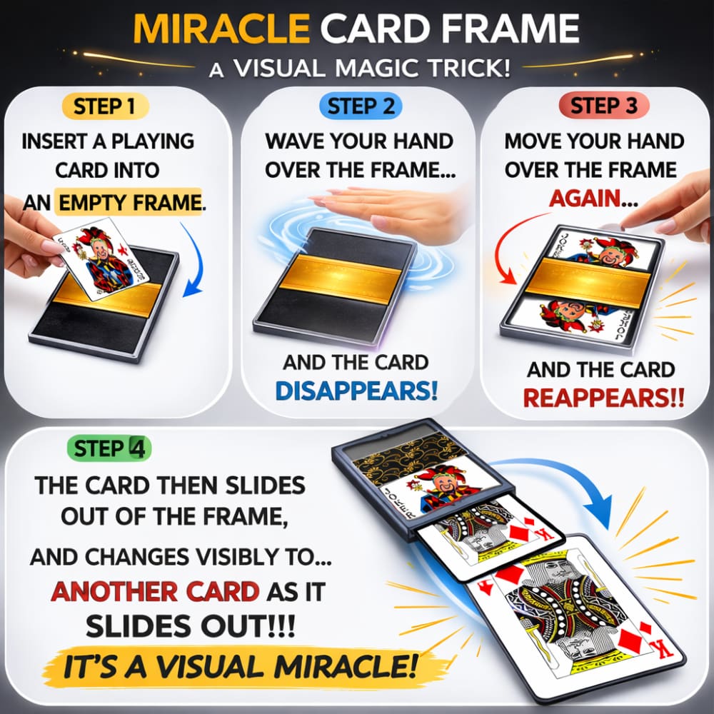 A playing card vanishing instantly inside the Miracle Card Frame.