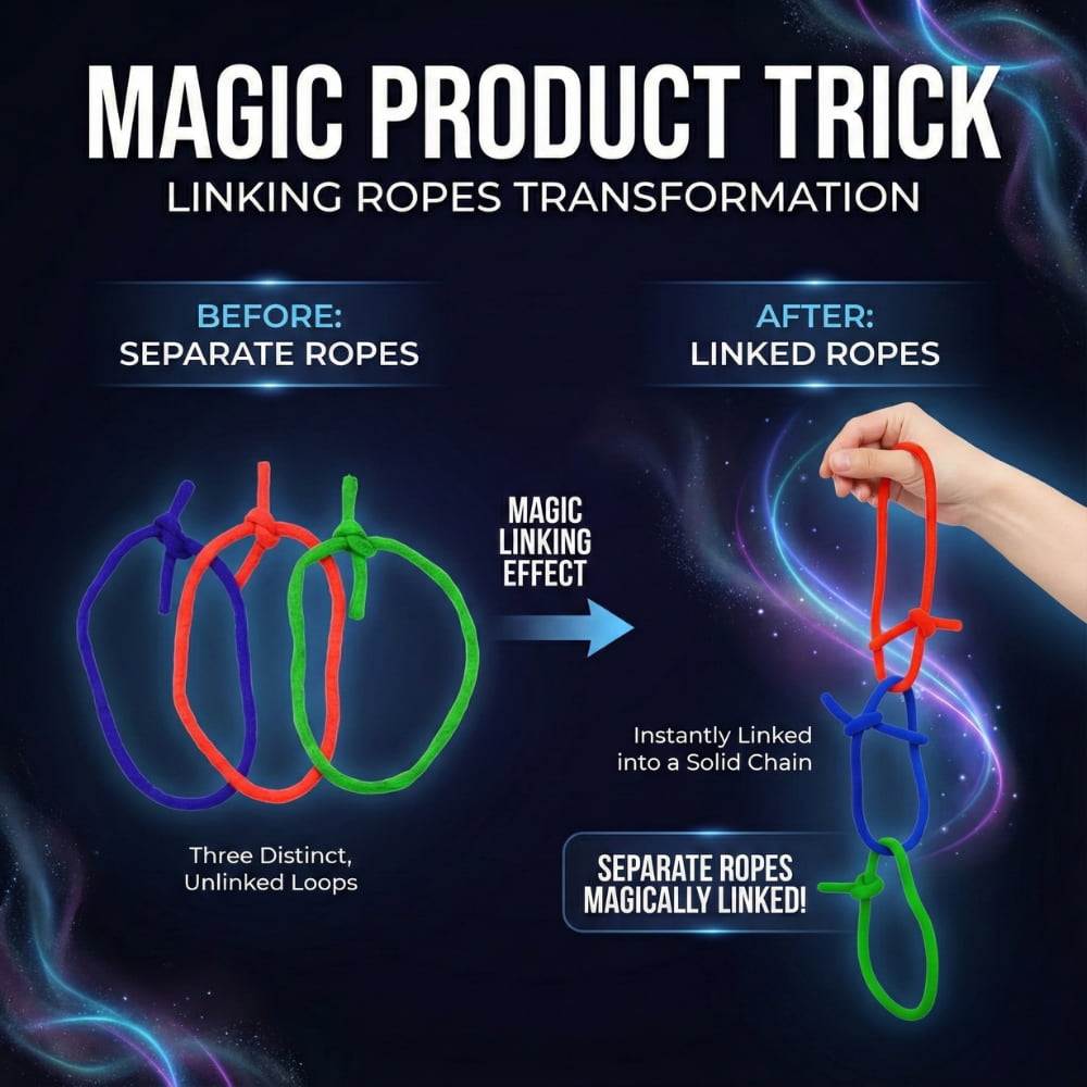 Magician linking two solid rings of wool rope during a stage performance.