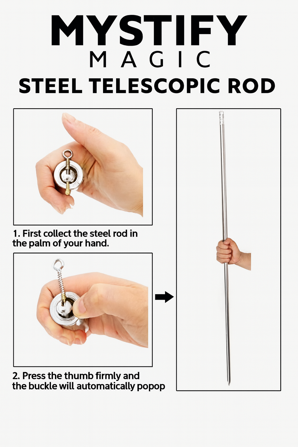 Appearing Cane in mid-air, extending rapidly to a full-size walking stick from a small red silk handkerchief.