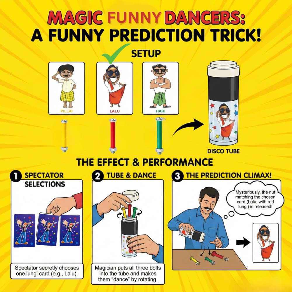 Three colored screws (Red, Yellow, Green) with nuts for color prediction magic.