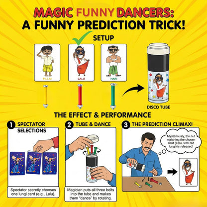 Three colored screws (Red, Yellow, Green) with nuts for color prediction magic.