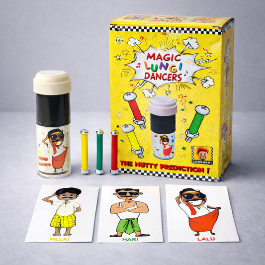 Comedy Nut and Bolt magic trick with Disco Tube and colored character cards.