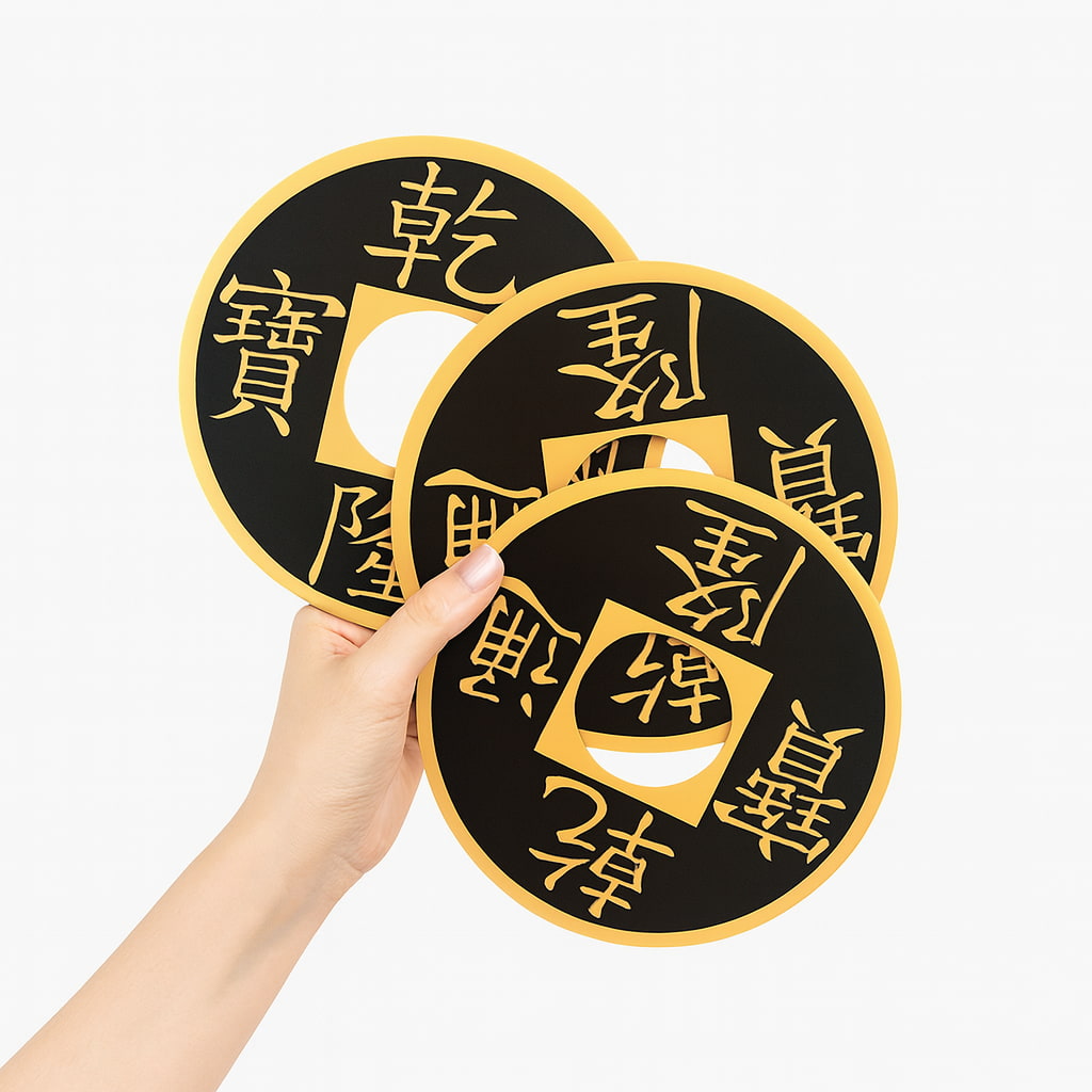 Color changing Chinese rings illusion in Red, Blue, and Yellow held by a magician.