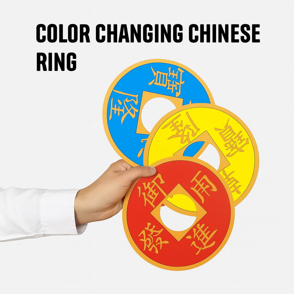 Three black Chinese coin rings displayed before the color changing magic trick.