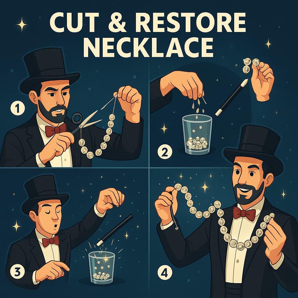 Magician cutting the thread of the cut and restore necklace with scissors.