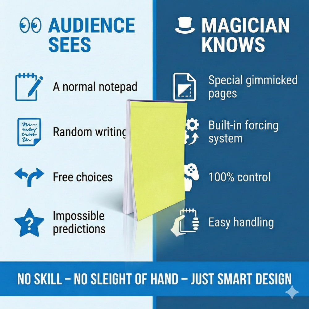 Magician using a Svengali force pad to predict a chosen word.