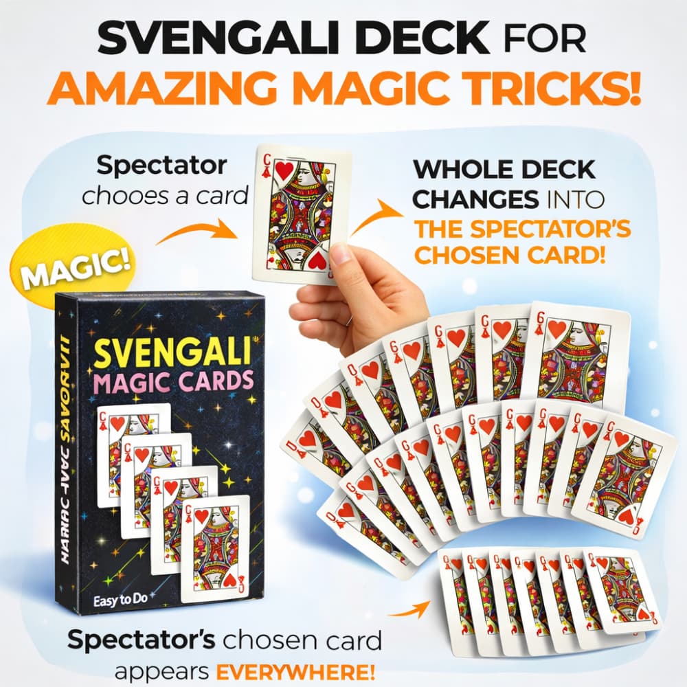 Svengali magic card deck with packaging and cards displayed, featuring text about amazing magic tricks.

