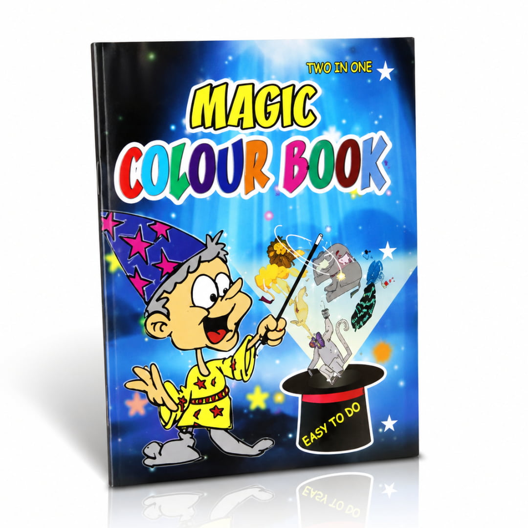 Color changing magic book showing blank, outlined, and fully colored pages.