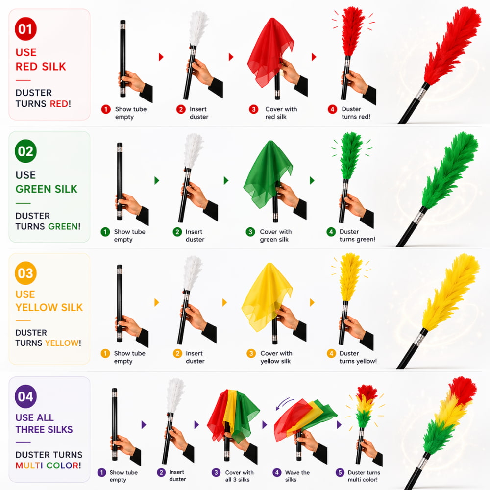 Multi-colored feather plume reveal for professional magic performances.