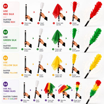 Multi-colored feather plume reveal for professional magic performances.