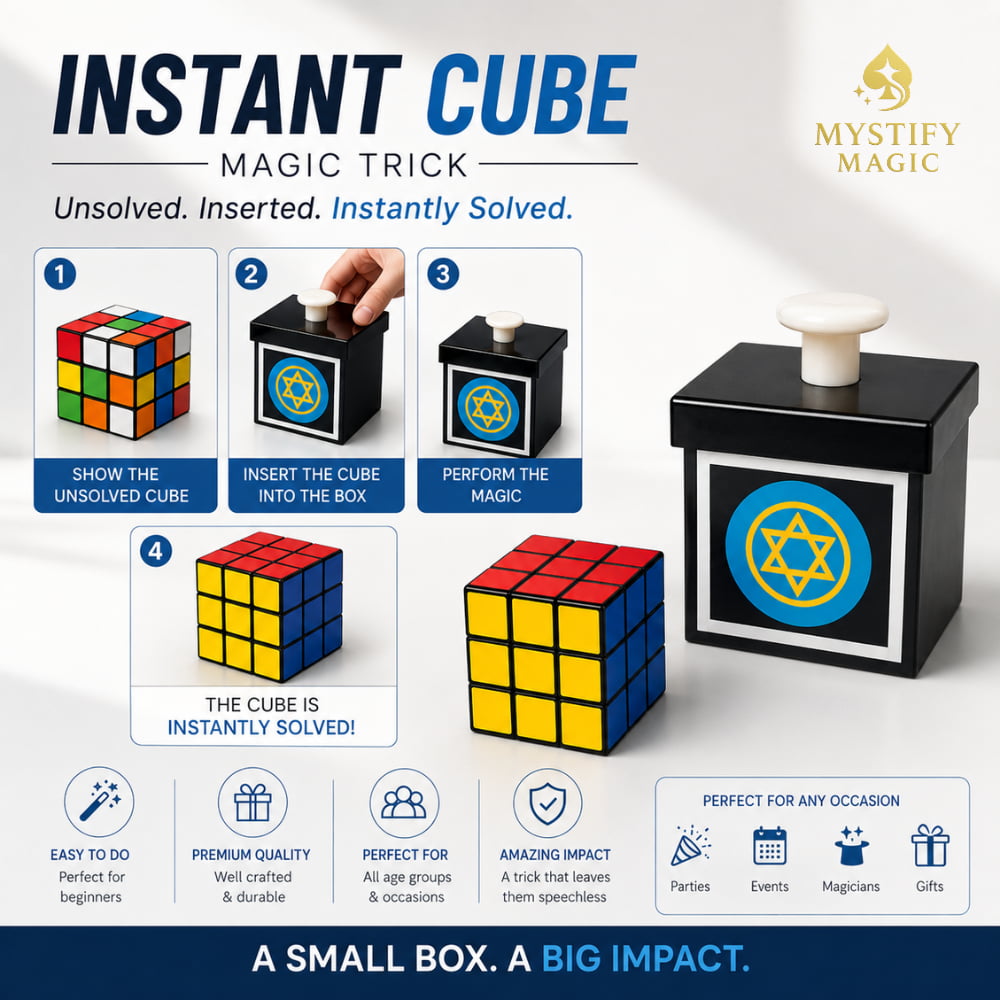 Magician using an acrylic magic box to instantly solve a puzzle cube.