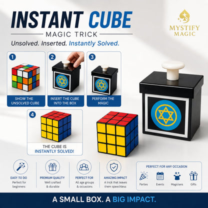 Magician using an acrylic magic box to instantly solve a puzzle cube.