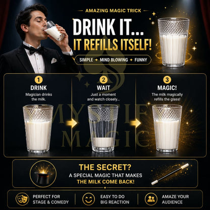 Magician performing a self-refilling liquid magic trick on stage.