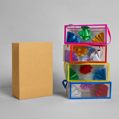 Dream Bag Magic Trick showing empty bag and 4 colorful production boxes

