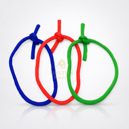 Three colored wool rope loops in Red, Blue, and Green for linking magic trick.