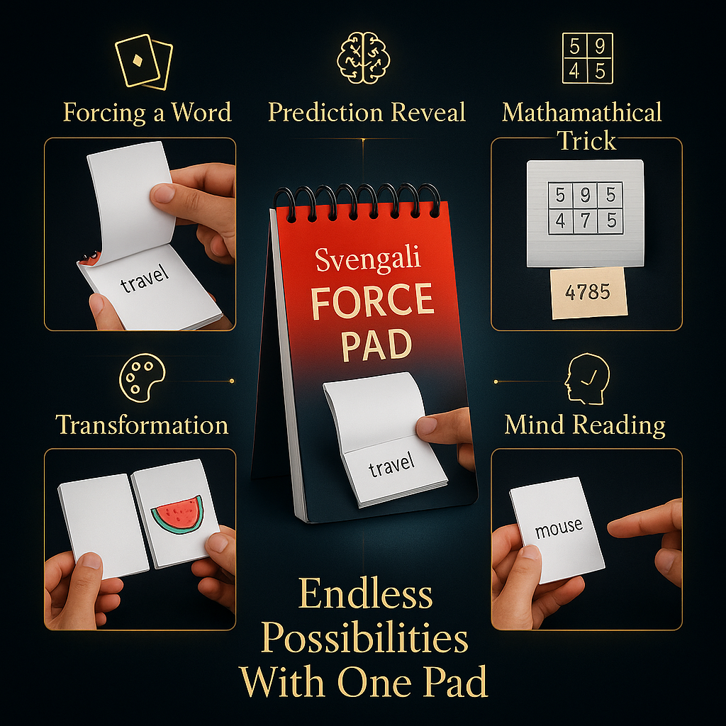Svengali NoteBook showing tricks like mind reading, predictions, and forcing with magic notepad