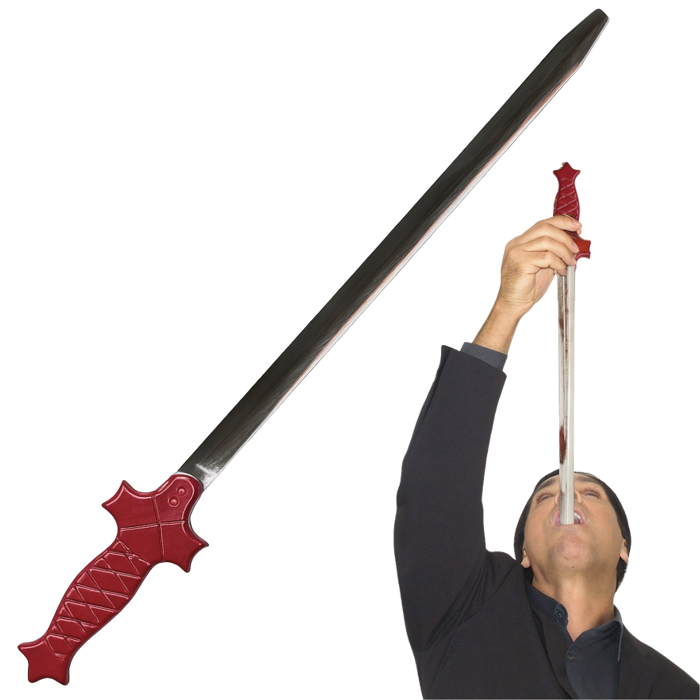 Performer showing sword swallowing magic trick with realistic steel blade

