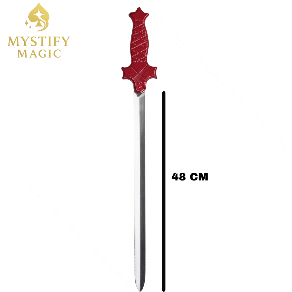 Close-up of 48cm collapsible sword with red handle for stage illusion

