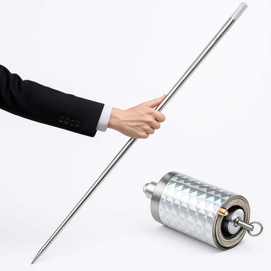 Professional magician performing a silk to cane transformation using a silver metal Appearing Cane magic prop.
