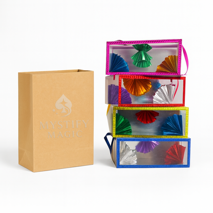 Stage magic prop that transforms empty bag into 4 production boxes for magicians

