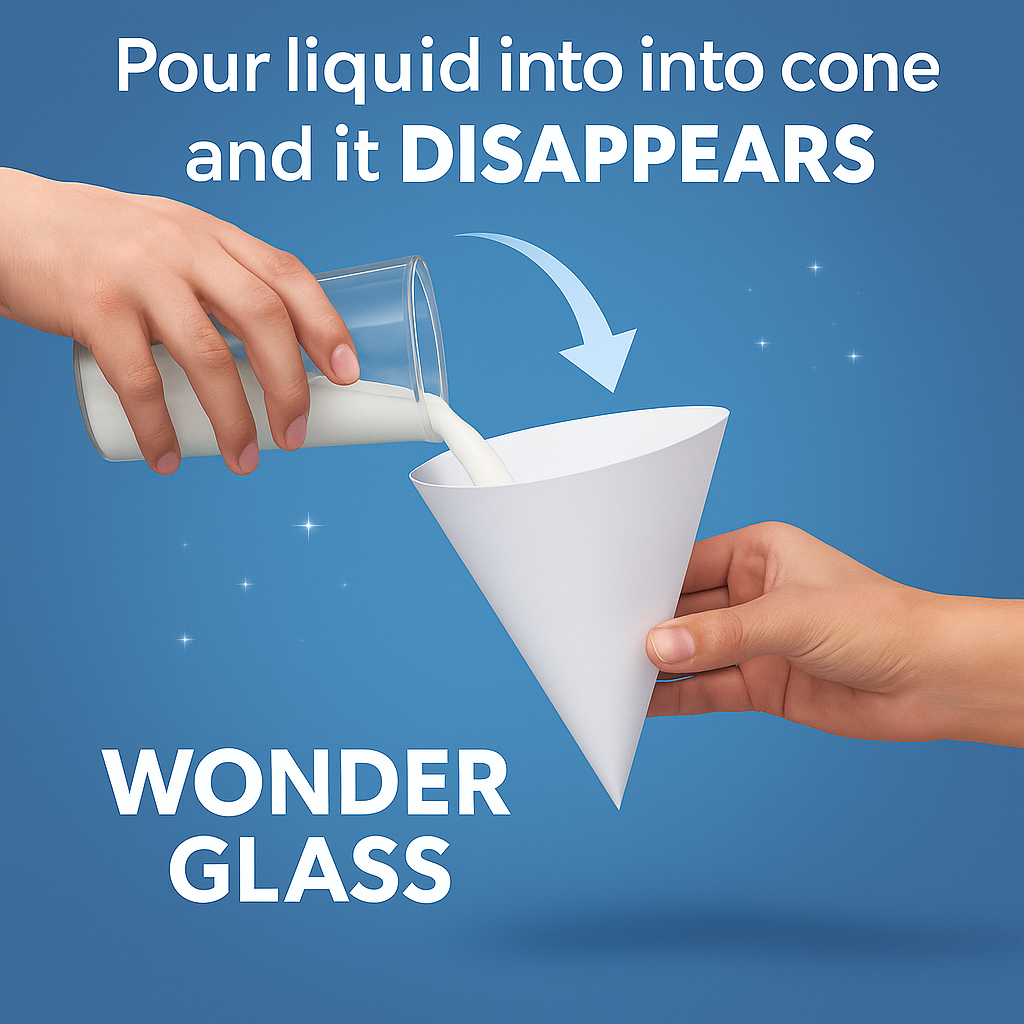 Wonder Glass demo - magician pours liquid into paper cone and it disappears