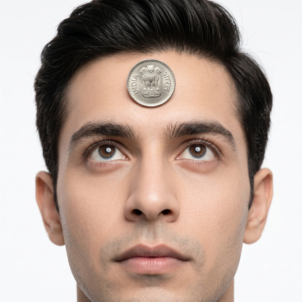 Magician performing the comedy shock gag by sticking a coin to their forehead.