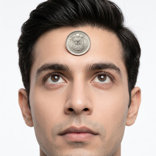 Magician performing the comedy shock gag by sticking a coin to their forehead.